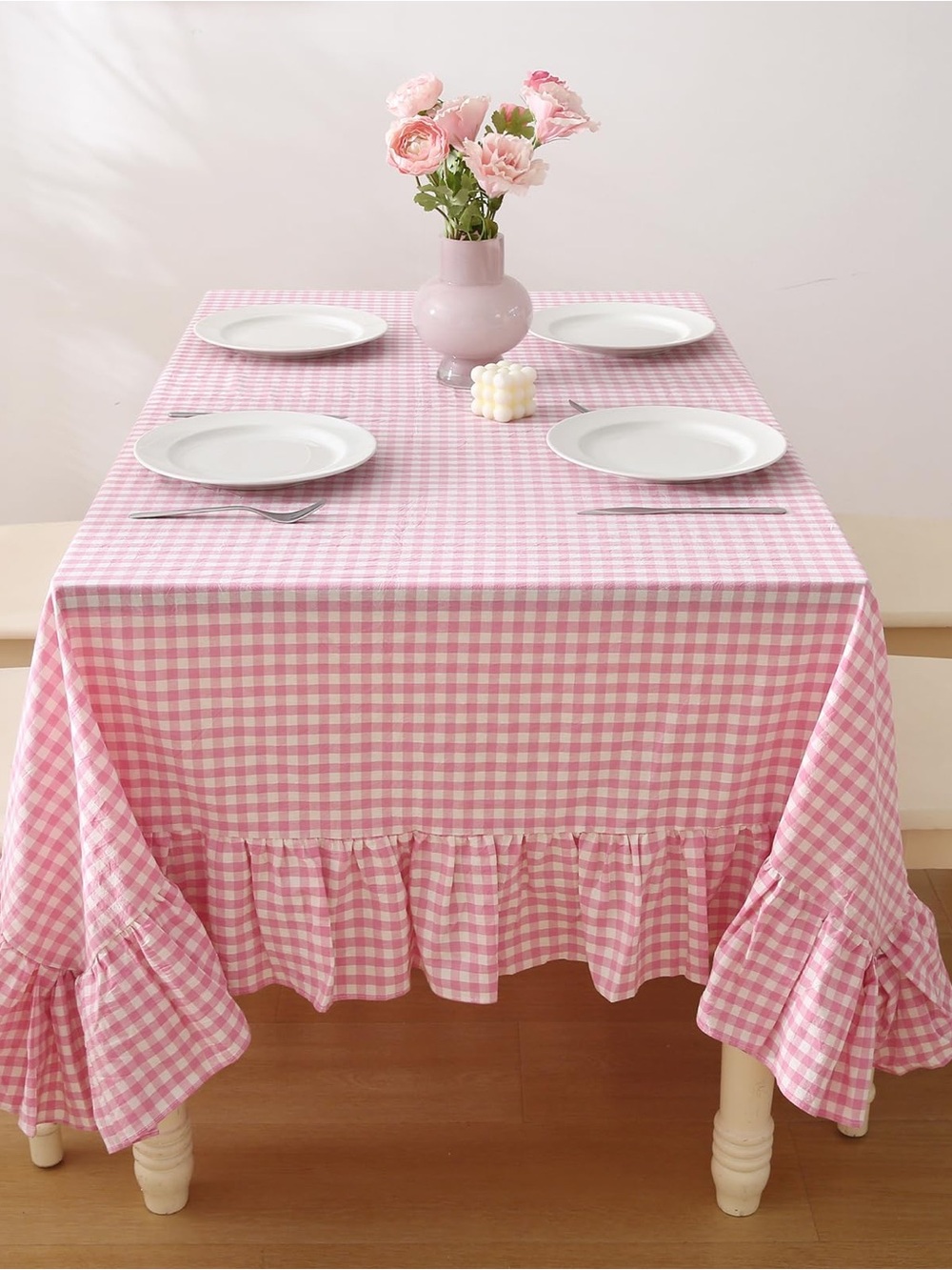 Pink Gingham Tablecloth with Ruffle Edge - Home Dining 60x120